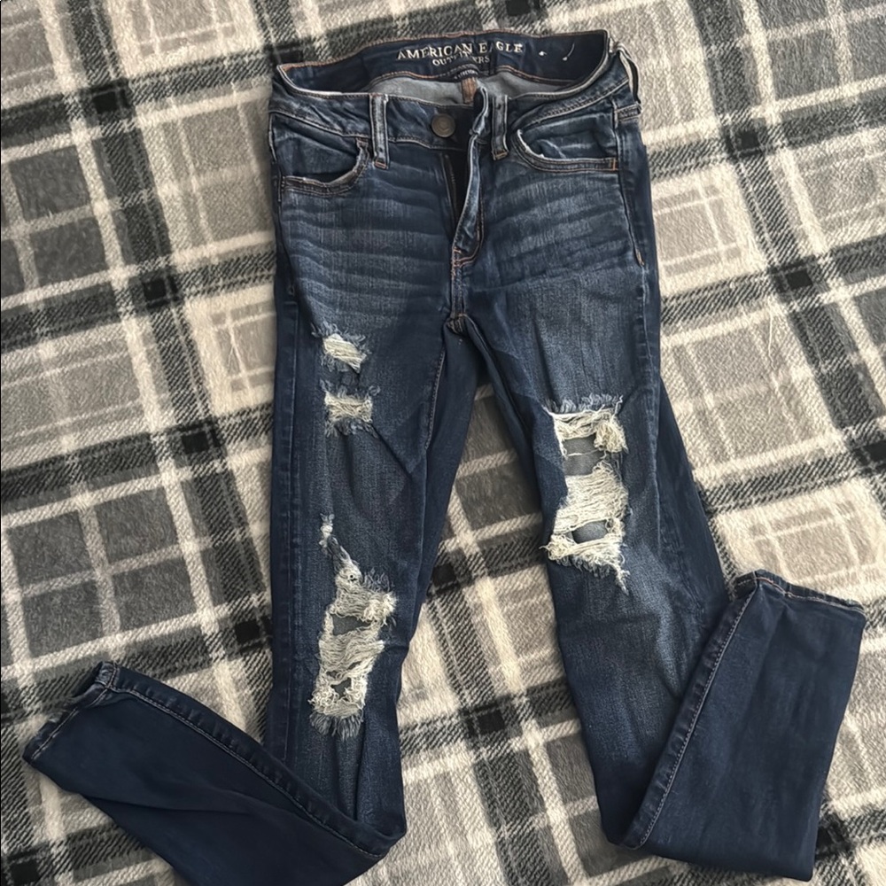 American Eagle Outfitters Blue Skinny Jeans with Distressed Details